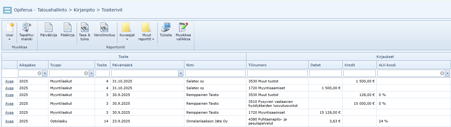 Tositerivit -moduulin yleisnäkymä